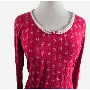 Chaps Womens Pink Floral Cotton Long Sleeve Nightgown Lace Trim Size L